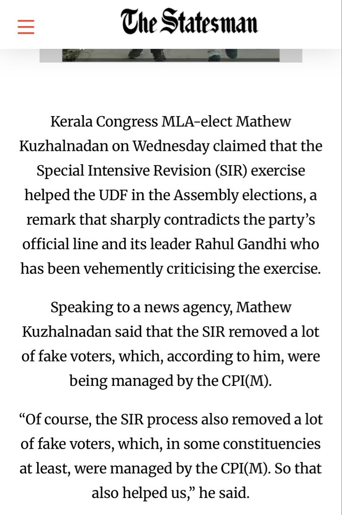 desishitposterr's tweet photo. As per donkey Rahul Gandhi, SIR is vote chori.

But as per Kerala Congress’ Christian MLA Mathew Kuzhalnadan, SIR helps in weeding out fake/dead voters that were planted by Communists.

Is Kerala election illegitimate? https://t.co/KhzkLi5hkh