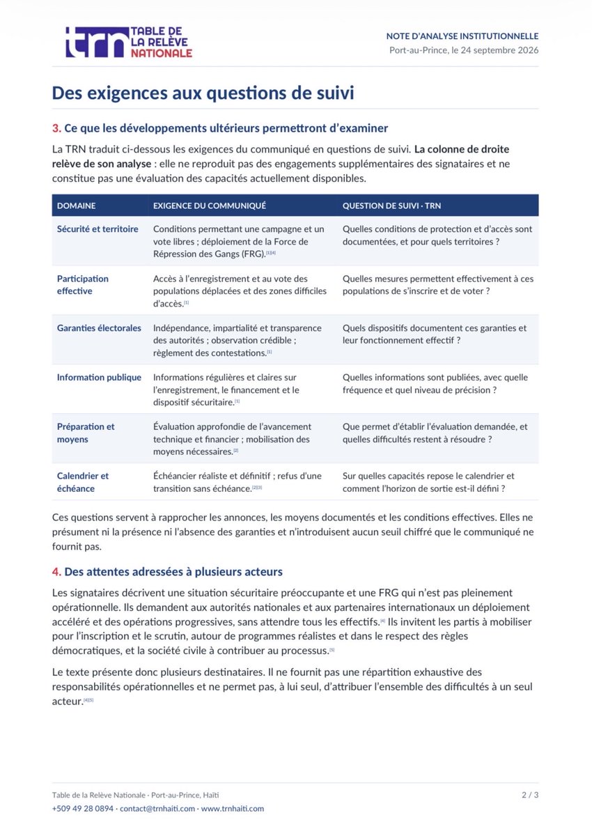 TRNHAITI's tweet photo. QUE FAUT-IL RETENIR DE LA NOTE DES ASSOCIATIONS PATRONALES DU 22 SEPTEMBRE ?

Que dit réellement le communiqué — et que signifie-t-il pour la suite de la transition ?

La TRN propose une lecture rigoureuse, sans lui faire dire ce qu’il ne dit pas.

���� Nouvelle note d’analyse. https://t.co/msl6oV9Lno