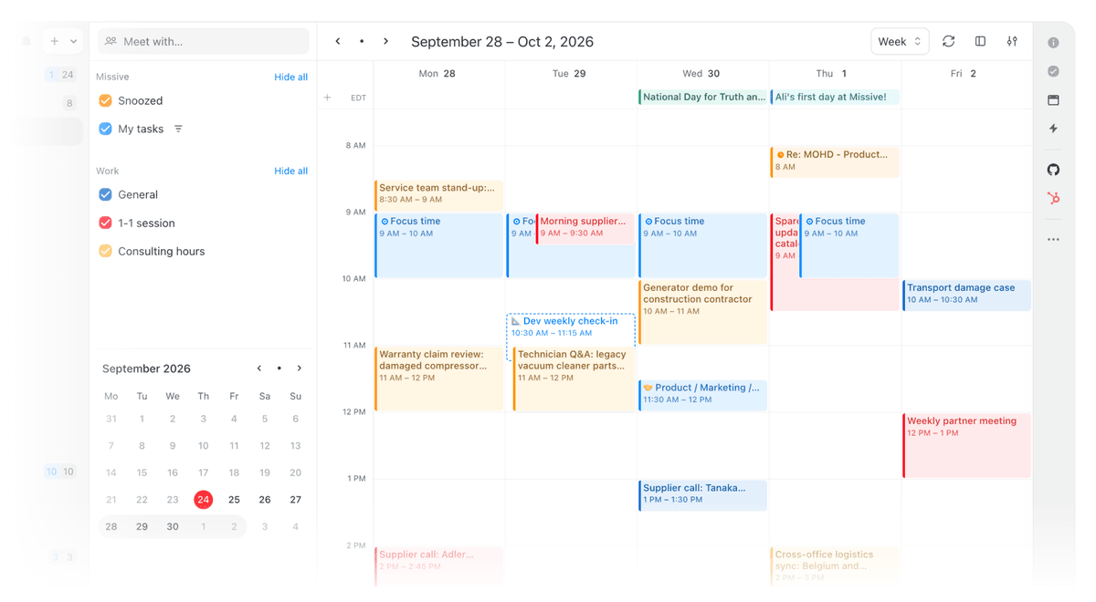 missiveapp's tweet photo. New in Missive: A rebuilt calendar (aka. scheduling is way better)

Type a name into the calendar sidebar, see their availability over yours, and pick a slot. They're added as guests automatically.

Plus time zone columns for remote teams, focus time, and more display options.