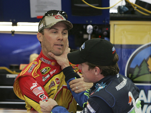 EDHEADfan's tweet photo. @DirtyMoMedia Carl Edwards and Kevin Harvick in Nationwide garage at Charlotte Motor Speedway in October 2008. https://t.co/GkM72rlZFj