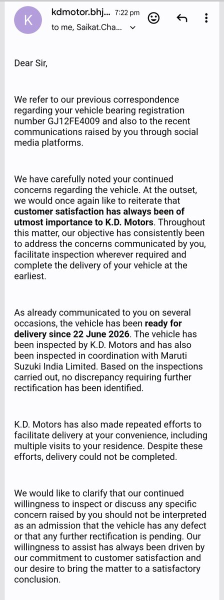 abrar_sama's tweet photo. @Maruti_Corp K.D. Motors claims my vehicle GJ12FE4009 was “ready for delivery” since 22 June. However, during the delivery attempt at my residence, the vehicle was NOT satisfactory. Mr. Sharad Jethi, MSIL TSM Biswadeep Das and Workshop Manager Sagar Oza were present. I showed them the unresolved paint-finish and headlight issues in person. The same concerns were already raised before them. Please independently review the facts instead of repeatedly stating “vehicle ready.”