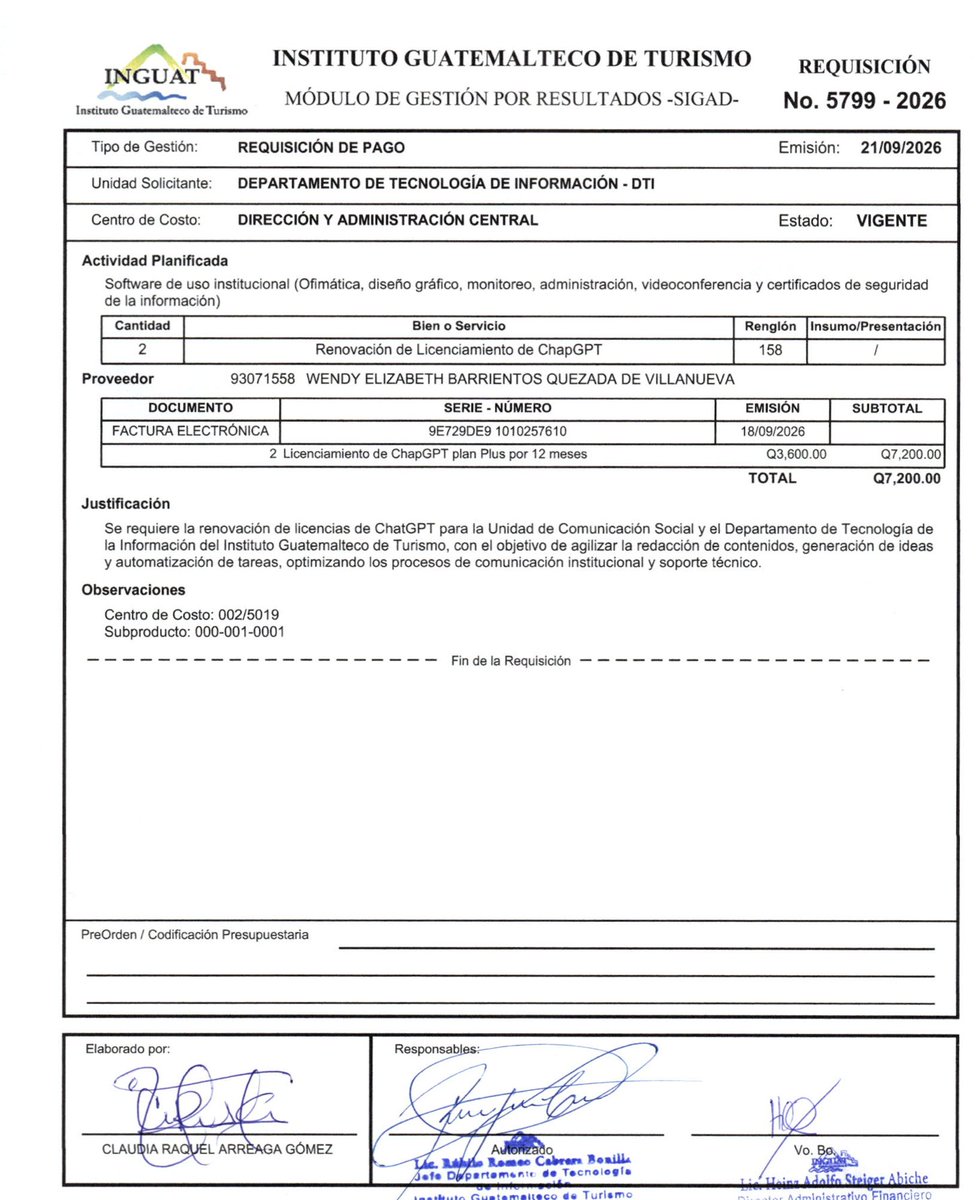 luisangelsas's tweet photo. El departamento de comunicación del @InguatPrensa necesitaba Chat GTP para hacer su trabajo. Así que pidieron 2 licencias que valen US$20 dólares al mes cada una. Sería un total de Q3,744 las dos licencias en un año entero. Pero las compraron en Q7,200. Entiendo que hay que ganarle, pero no se pelen. Hay que revisar si no llevan el papel del baño 😅