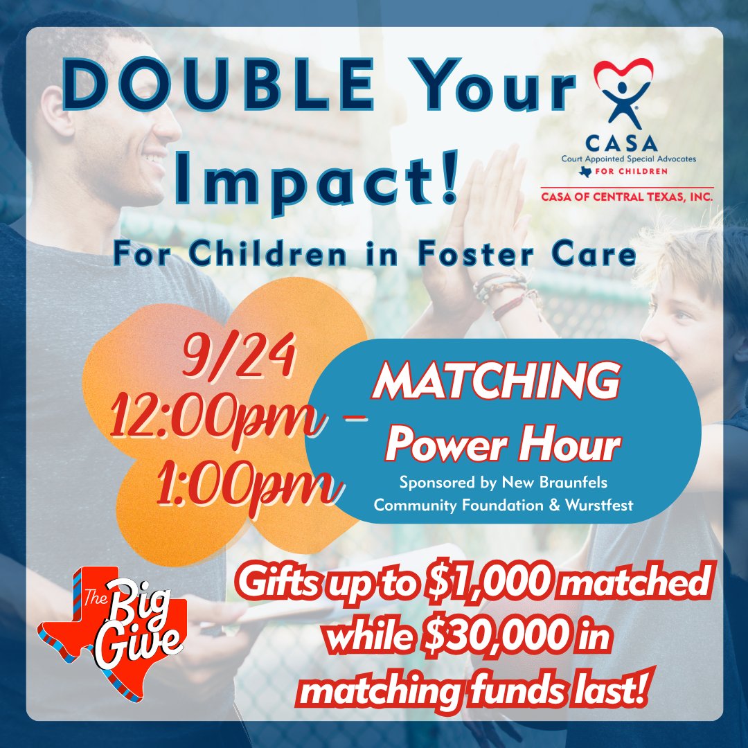 CASACenTex's tweet photo. T-15 minutes until our BIGGEST and BEST opportunity for matching funds begins!
 
Support CASA of Central Texas during the #biggive2026 by heading here: https://t.co/oBYrv8U38e https://t.co/LgZZfy0fGT