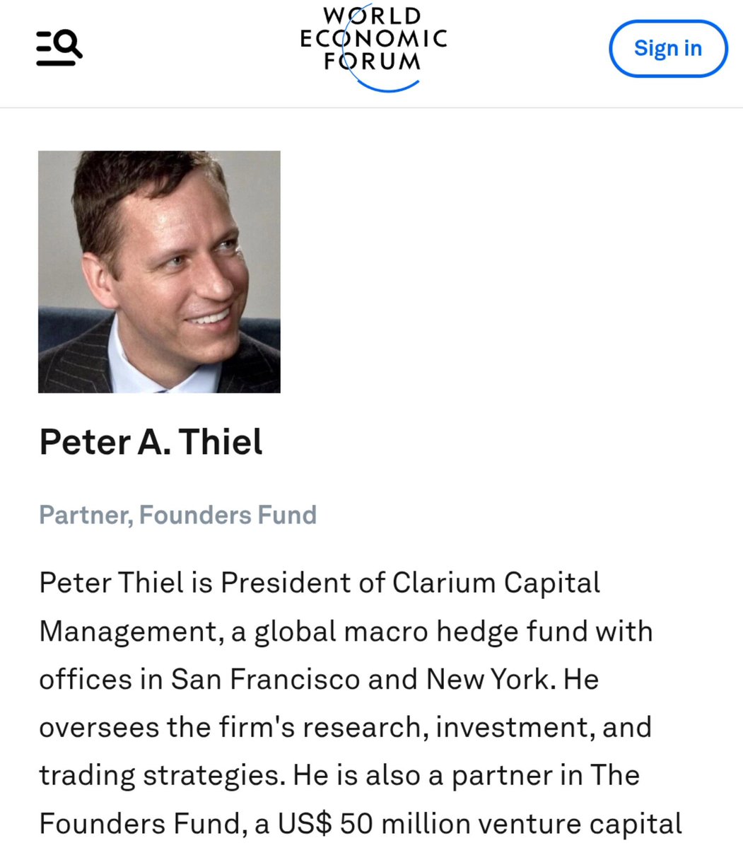 WeWillBeFree24's tweet photo. The WEF listed Vivek Ramaswamy as a Young Global Leader in 2021. He later sued to have it removed. 

Peter Thiel received the same honor in 2007, and has an active WEF profile page. 

In 2011, Thiel traveled to Yale for a luncheon with Ramaswamy and Vance. 

After, Thiel mentored and bankrolled both of them in their venture capital companies Mithril (co-founded), Narya, Strive Assets Management and Vance's Senate  run. 

Vivek has done everything he can to scrub his past from the internet. For a reason.