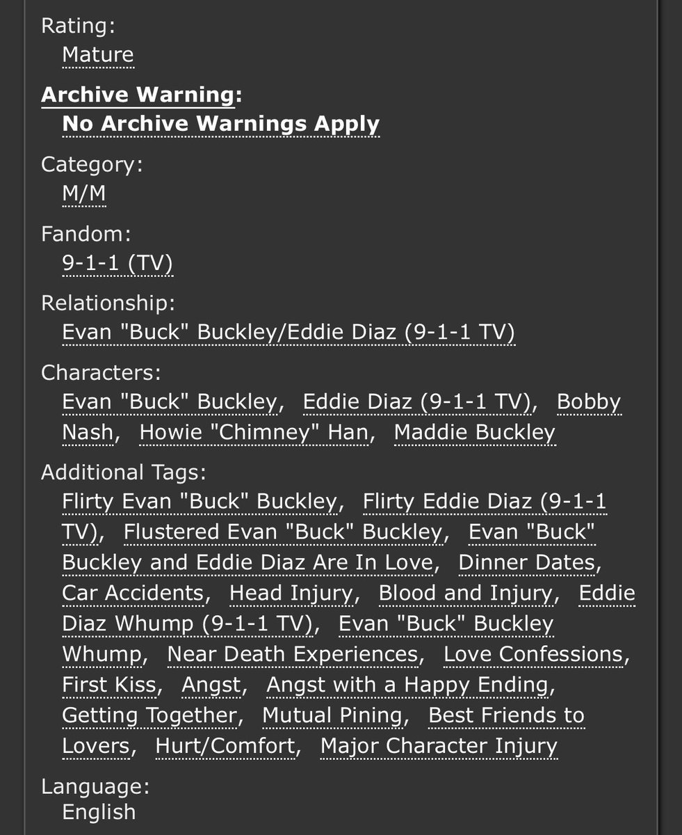j_mariearchie50's tweet photo. Kiss Me Once, Just In Case (8.4k)

-buddie’s first date. flirting ensues 
-on their way to dinner, they get in a wreck 
-buddie whump/joint nde
-buck refuses to acknowledge his own injuries until eddie is safe 
-first kiss 
-happy ending, ofc <3 

🔗: https://t.co/vI1pVWrOeu https://t.co/hPtkpPPhf0