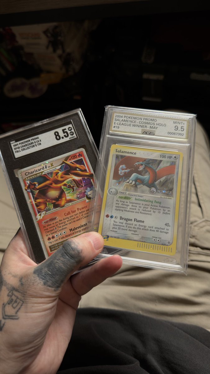 XxlNope's tweet photo. Anyone want these two for 415$, good cards to regrade

if not, I’m cracking them 🤷 

Charizard g lv x 

2004 e league winner-may Salamence 

@BUYSELLTRADETCG 
@CBCollectors
 @CorsairPoke 
@PokemonBST 
@CardboardBanger 
@FTC_MARKET 
@Scott_YaDigg https://t.co/12TFJkvFaE