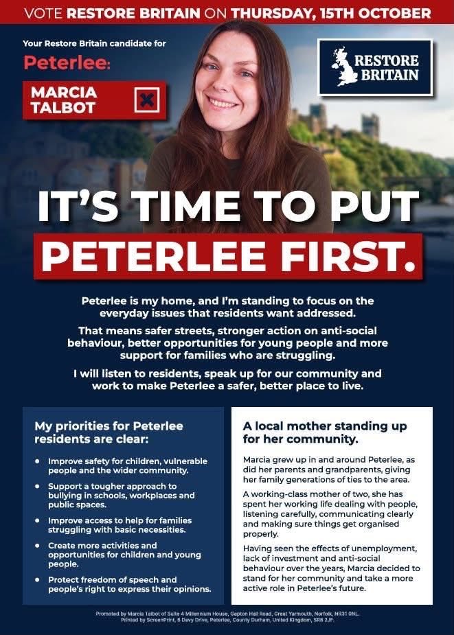 RestoreSund's tweet photo. Introducing your @RestoreBritain candidate in neighbouring Peterlee!

Vote Marcia on the 15th of October! 🇬🇧

Get our voice on Peterlee Town Council. https://t.co/r6IIvLcfs1