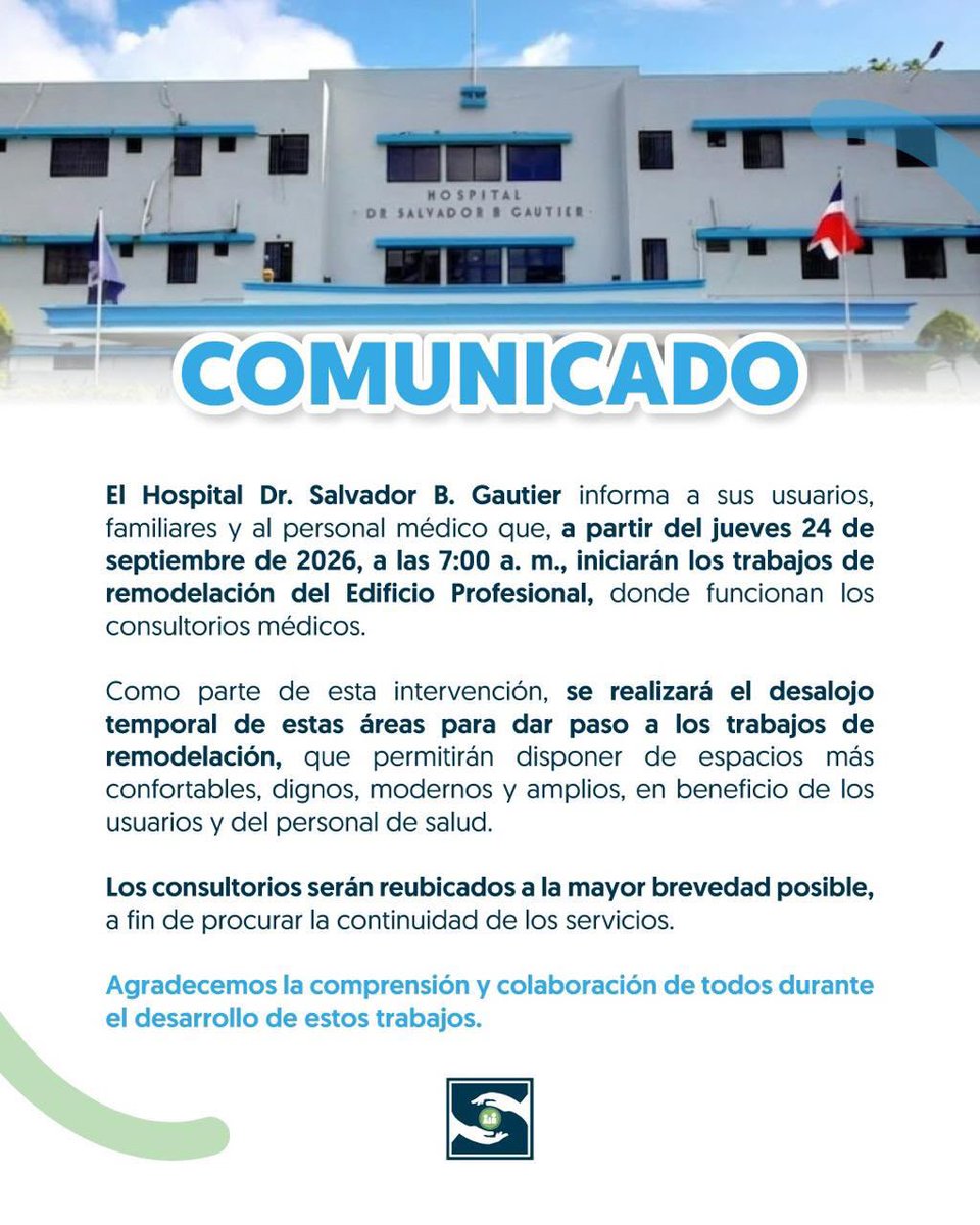 Hospitaljima's tweet photo. {MPORTANTE}

El SNS informa que el Hospital Dr. Salvador B. Gautier inicia hoy, jueves 24 de septiembre, los trabajos de remozamiento y construcción de un nuevo edificio para sus consultorios médicos.

Los consultorios serán reubicados próximamente para garantizar la continuidad. https://t.co/3XdJ9q7TyH
