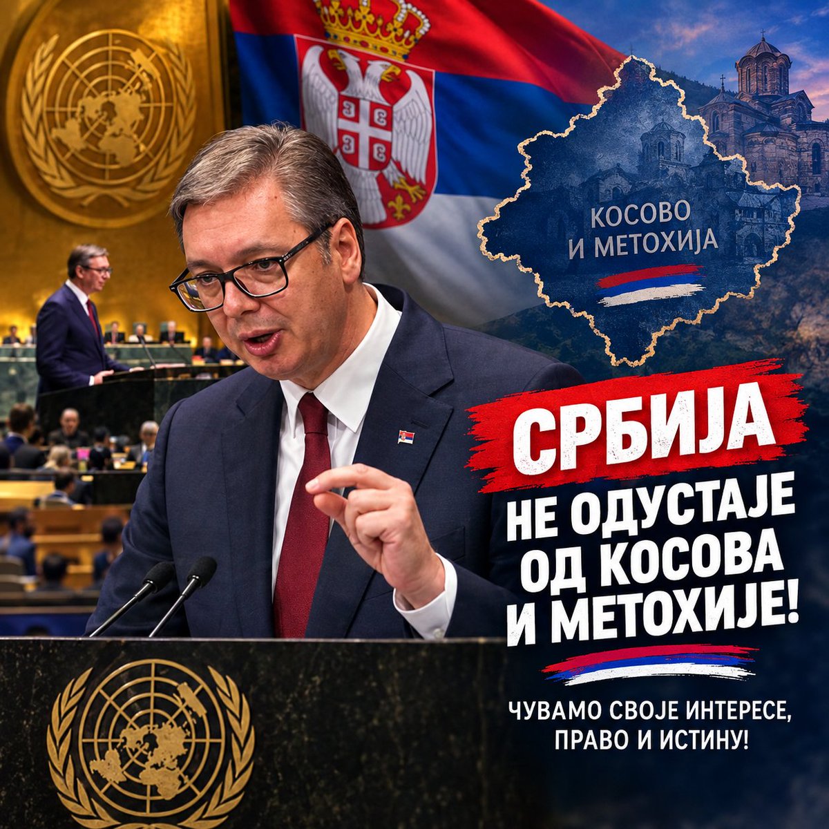 SaaMati594099's tweet photo. U Ujedinjenim nacijama jasno je poručeno: Srbija ostaje čvrsta u odbrani svojih interesa i ne odustaje od Kosova i Metohije. 🇷🇸

Vučić je još jednom stavio pitanje Srbije i međunarodnog prava u prvi plan. https://t.co/0sUW5dqlVr