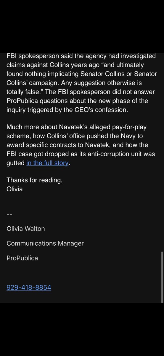TeamCollins207's tweet photo. ProPublica publishes a story. Then @propublica's  "communications manager" pitches it to Maine TV stations and online influencers. Next up: the “organic” conversation about it... 🤔🤔 https://t.co/FYcirxpG7h