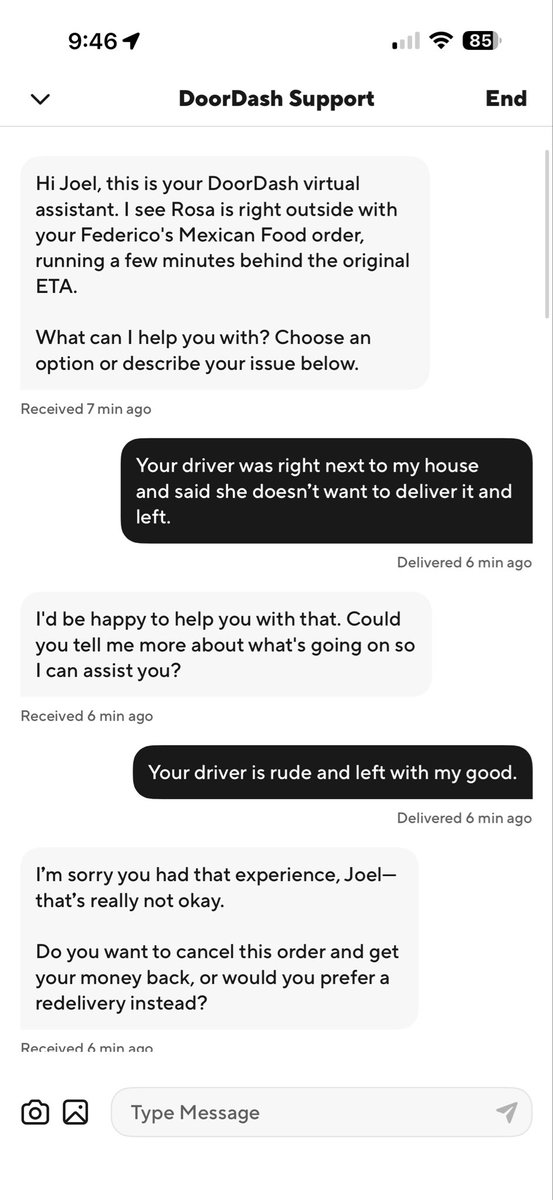 jblack3099's tweet photo. @DoorDash so your driver just told me they didn’t want to deliver my food. Marked it delivered and then left with my food. And you won’t refund me or actually deliver my food. https://t.co/aIaCe22U7o