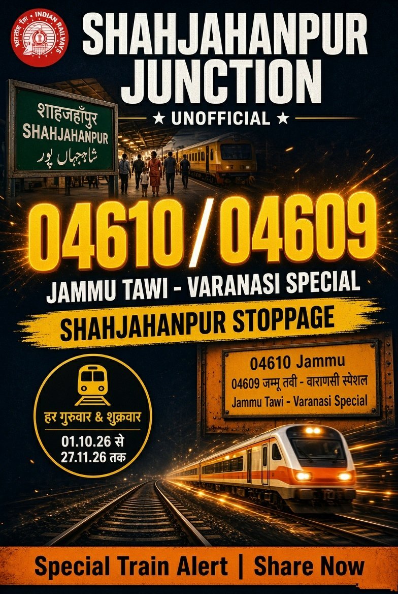 SPN_JUNCTION's tweet photo. #शाहजहाँपुर जंक्शन पर रुकने वाली नई स्पेशल ट्रेन 🚂
#04610/04609
#जम्मू तवी ↔ #वाराणसी
हर गुरुवार व शुक्रवार
01 अक्टूबर से 27 नवंबर तक
AC-3 Economy
टिकट बुक करें!
Video link : https://t.co/MLSDWwL8pE
#ShahjahanpurJunction #SpecialTrain #04610 https://t.co/SrjtpRt3pP