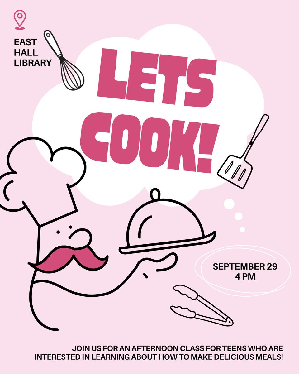 HallLib's tweet photo. Calling all future chefs. Join us at East Hall Library for Let’s Cook, an afternoon class designed for teens who want to learn how to prepare delicious meals from scratch. Bring a friend and learn some new skills in the kitchen on September 29 at 4 PM. https://t.co/lEGUkUYPV5