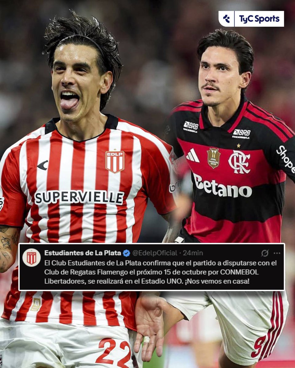 TyCSports's tweet photo. 🏟️ ¡LA SEMIFINAL, EN UNO!

🏆🔜 Estudiantes informó que el partido ante Flamengo, por la ida de las semifinales de la Libertadores, se disputará en su estadio el jueves 15 de octubre a las 21:30. https://t.co/v70t3JhPZM