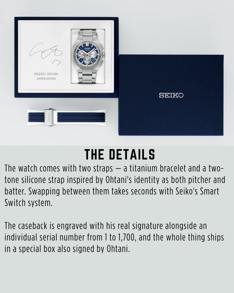 JPFactoryYT's tweet photo. Seiko just dropped an official Shohei Ohtani Astron — Dodgers blue, white, and red throughout, jersey number 17 at 3 o'clock in his actual uniform font, two-tone strap referencing his two-way player identity, real Ohtani signature on the caseback. 1,700 pieces. Japan domestic. No https://t.co/mxIqjglgWZ