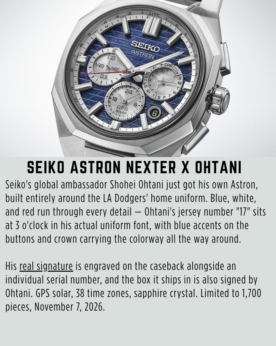 JPFactoryYT's tweet photo. Seiko just dropped an official Shohei Ohtani Astron — Dodgers blue, white, and red throughout, jersey number 17 at 3 o'clock in his actual uniform font, two-tone strap referencing his two-way player identity, real Ohtani signature on the caseback. 1,700 pieces. Japan domestic. No https://t.co/mxIqjglgWZ