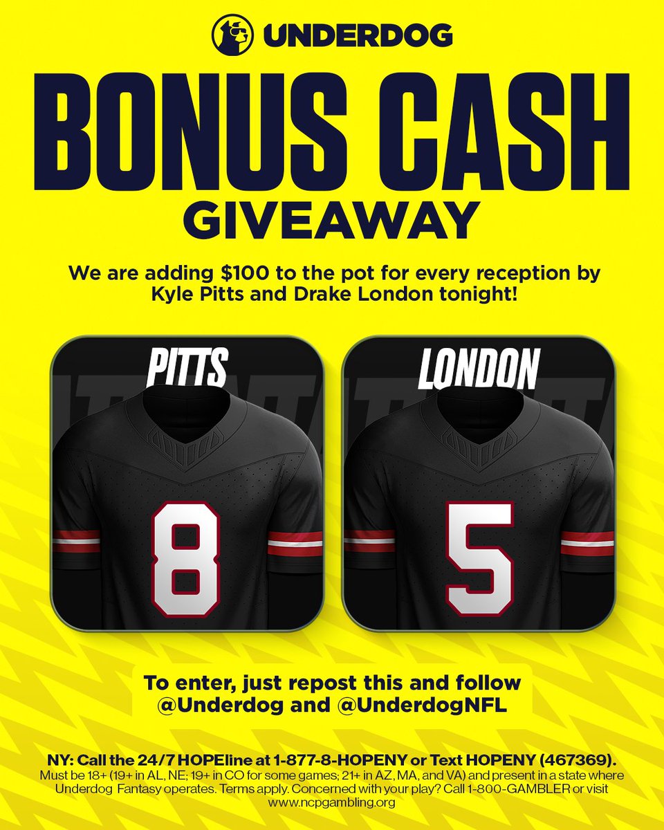 Underdog's tweet photo. 🚨 BONUS CASH GIVEAWAY 🚨

The Falcons have a real QB this week, so we're adding $100 to the pot for every reception by Kyle Pitts and Drake London tonight!

10 people will split the final prize pool.

To enter:
1️⃣ Repost this
2️⃣ Follow @Underdog
3️⃣ Follow @UnderdogNFL