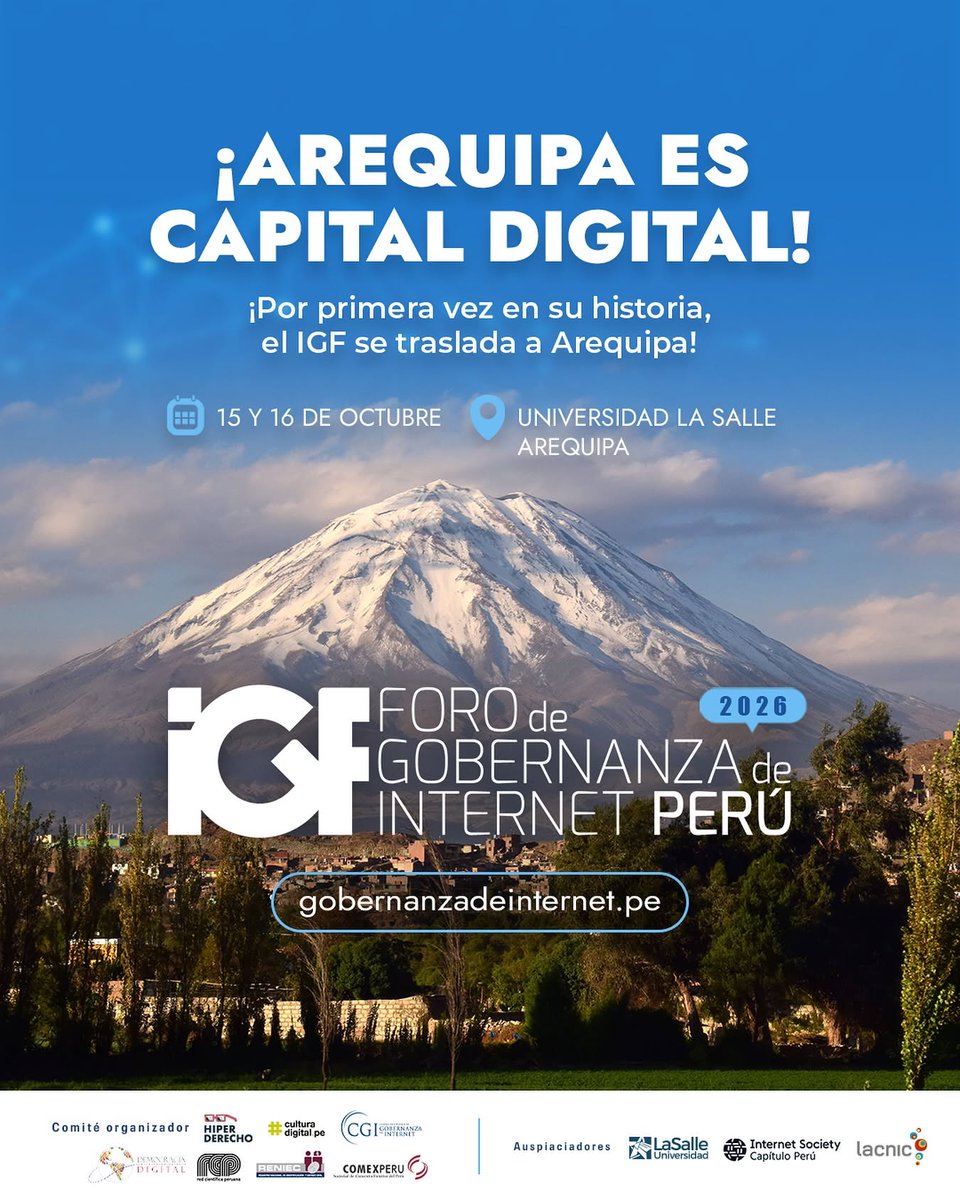 ddintorg's tweet photo. 📣INVITACIÓN #Arequipa
El Foro de Gobernanza de Internet Perú #IGFPerú sale de Lima y se traslada a Arequipa.

📆15 y 16 octubre
📍Universidad La Salle | Av. Alfonso Ugarte 517
Ingreso Libre - previo registro
🔗https://t.co/T1cXOOUvEo

#DemocraciaDigital #IGFPeru2026 https://t.co/4qDH621LUG