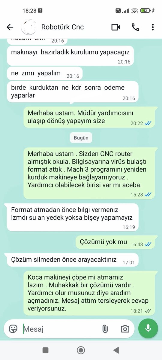 emresunl's tweet photo. Okula CNC makinası aldık. Virüsten dolayı format atmak zorunda kaldık  ve sorun yaşadık makinayı kuran firma ile iletişim kurmak istedik üsluba bakın makinayı yeni alacaksan rica minnet ederler. Burada paylaşıyorum ki @robotürk firması ile alış veriş yapmayın. Bunu nereye şikayet edebiliriz.