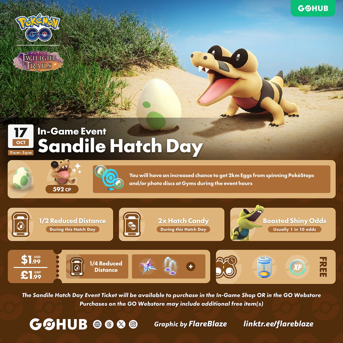 PokemonGOHubNet's tweet photo. 🥚 Sandile Hatch Day is coming on October 17!

🕚 11 AM–5 PM local time
✨ Boosted Shiny Sandile odds in 2 km Eggs
🍬 2× Hatch Candy
🚶 1/2 hatch distance
🎁 Free research rewards an Incubator + 5,000 XP

Full guide: https://t.co/NGQQDGmz6v https://t.co/8Vn7bINSnU