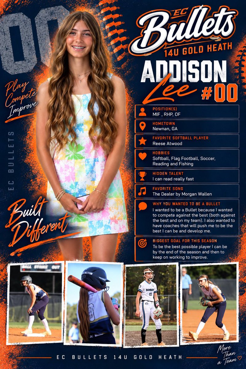 ecbulletsheath's tweet photo. 🧡💙 MEET THE BULLETS! 💙🧡
Get to know Addison Lee #00! 🥎
Addison brings a competitive spirit, a love for the game, and a drive to get better every day! We’re excited to have her as part of our EC Bullets 14U Gold Heath family!
#MeetTheBullets #ECBullets #14UGoldHeath https://t.co/lVn6pshRJy
