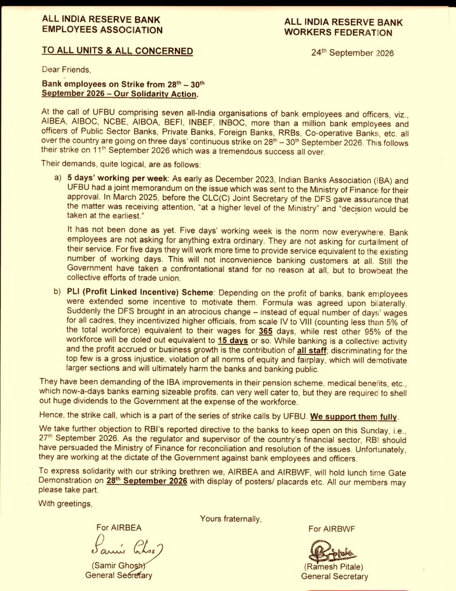 PSBPunch's tweet photo. Full Solidarity by #RBI FEDERATION 👇

AIRBEA &amp; AIRBWF Join UFBU strike call, slam Govt inaction on 5-Day Banking &amp; Sunday branch opening.
#5daysbanking https://t.co/e1jpEN2kzR