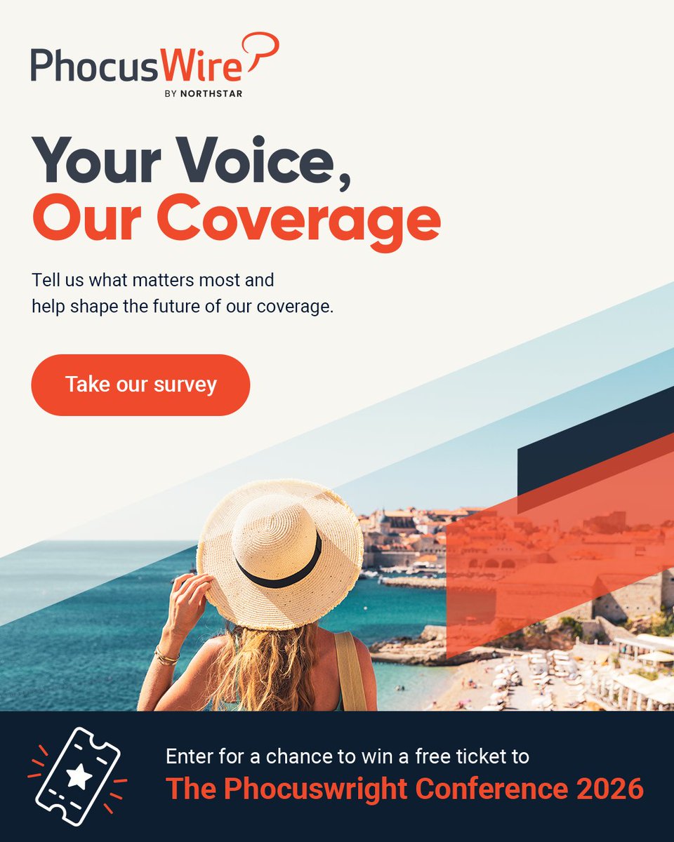 phocuswire's tweet photo. Help shape the future of #PhocusWire coverage 🗞️

We're running our 2026 audience feedback survey and want to hear what's working, what's missing and how we can better support you as you navigate the #travelindustry.

⏱️ Quick to complete, meaningful in impact
🎟️ Everyone who participates can opt in to a drawing for a complimentary ticket to The Phocuswright Conference 2026 in Fort Lauderdale, Nov 17-19

Take the survey 👉 https://t.co/q6X5a1eOtR