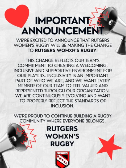 libsoftiktok's tweet photo. The @RutgersU Women's Rugby Team just changed their name to the "Womxn's Rugby Team" in order to be more "inclusive"

Your tax dollars are funding this university and its woke agenda to erase women https://t.co/eGSBJ1l8uK