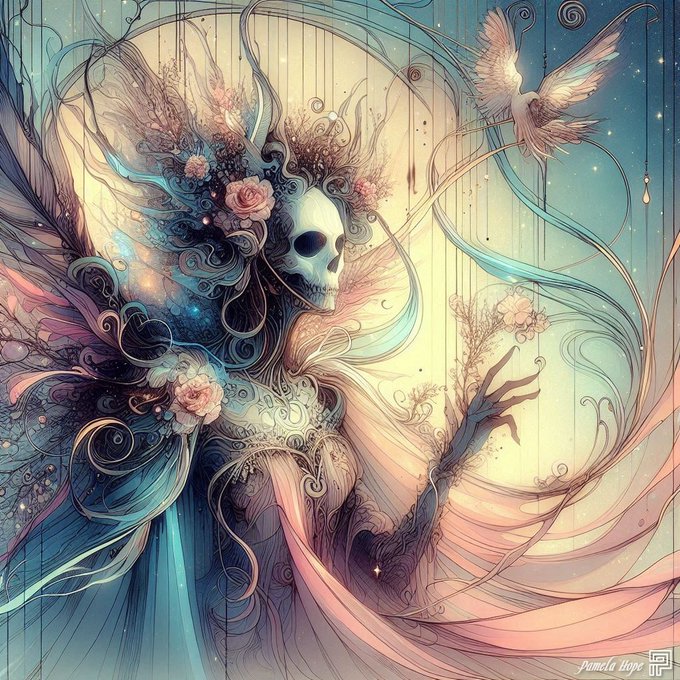 A fantasy digital artwork by Pamela Hope depicting an ethereal skeletal figure adorned with flowers and flowing pastel fabric, with a white bird flying nearby against a dreamy background.