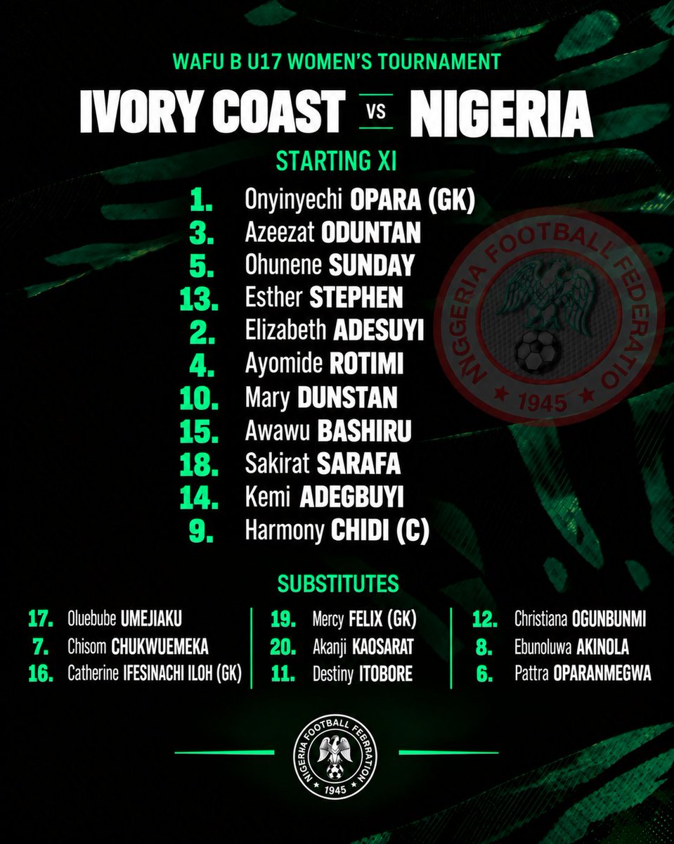 NGSuper_Falcons's tweet photo. How the 🦅🇳🇬Flamingos line up against Ivory Coast 🇨🇮

#SoarFlamingos #U17WAFUB https://t.co/cXvA2s5GhK