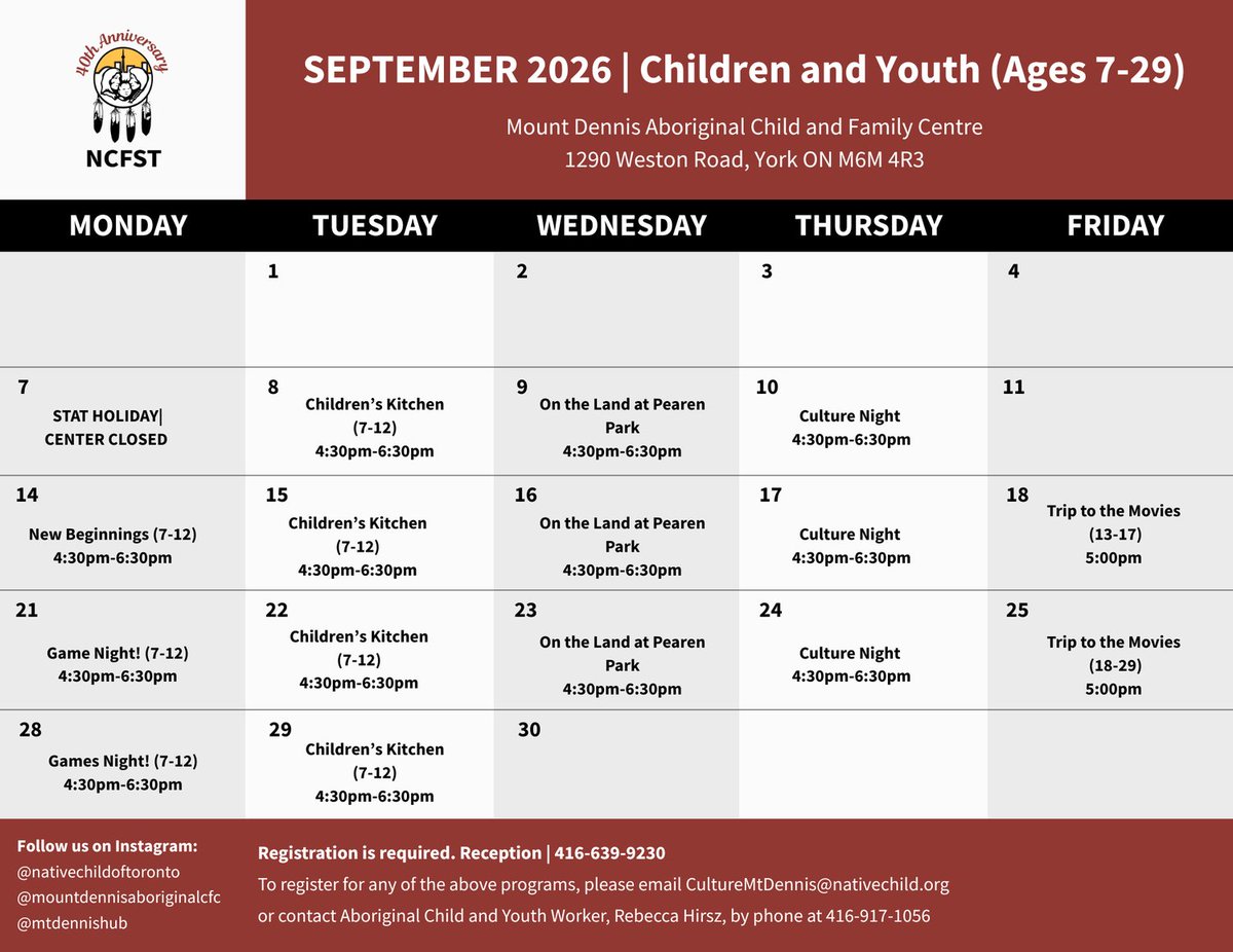 NCFST's tweet photo. Indigenous children and youth are invited to the Mount Dennis Hub in September for an assortment of programs and activities! Check out their calendar and reach out to them directly if you have any questions.

@mountdennisaboriginalcfc @mtdennishub https://t.co/zNqZebouuD