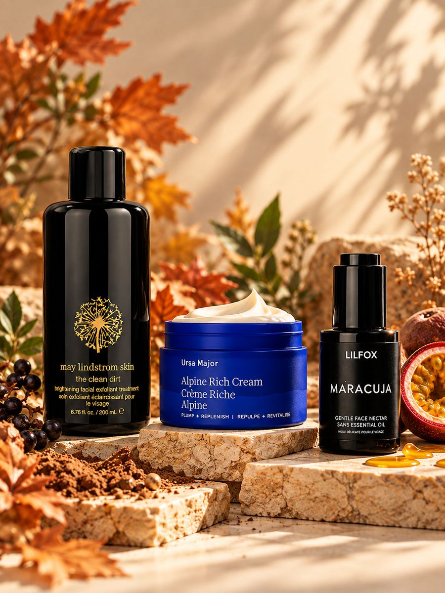 IntegrityBotani's tweet photo. First week of Fall🍂  Give your skin what the season asks for: a richer cream (Ursa Major's Alpine Rich Cream), a gentle exfoliant (May Lindstrom's The Clean Dirt) and a face oil (LILFOX's Maracuja Gentle Face Nectar). Which swap are you making first? https://t.co/ZyVdtUX2nP https://t.co/YlPZqZs1B6