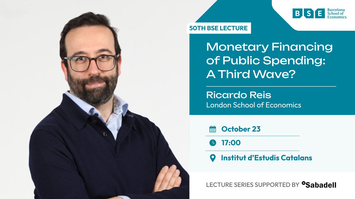 bse_barcelona's tweet photo. Save the date: 50th BSE Lecture
๐ @R2Rsquared, LSE
๐
October 23
๐ 17:00
๐ Institut d'Estudis Catalans
โMonetary Financing of Public Spending: A Third Wave?"
Register for free: https://t.co/sOG56hR90s
#BSE #BSELecture https://t.co/FA3Tyn3NuW