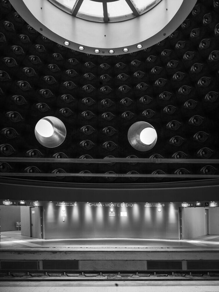 JacquesAllridge's tweet photo. Now – Naples, Italy – The Chiaia–Monte di Dio station on Naples Line 6, featuring a ceiling installation by Robert Wilson. Dozens of eyes look down at the platform. Day 6014 of taking one photograph every day for the rest of my life. https://t.co/kD1ZQUhvIq