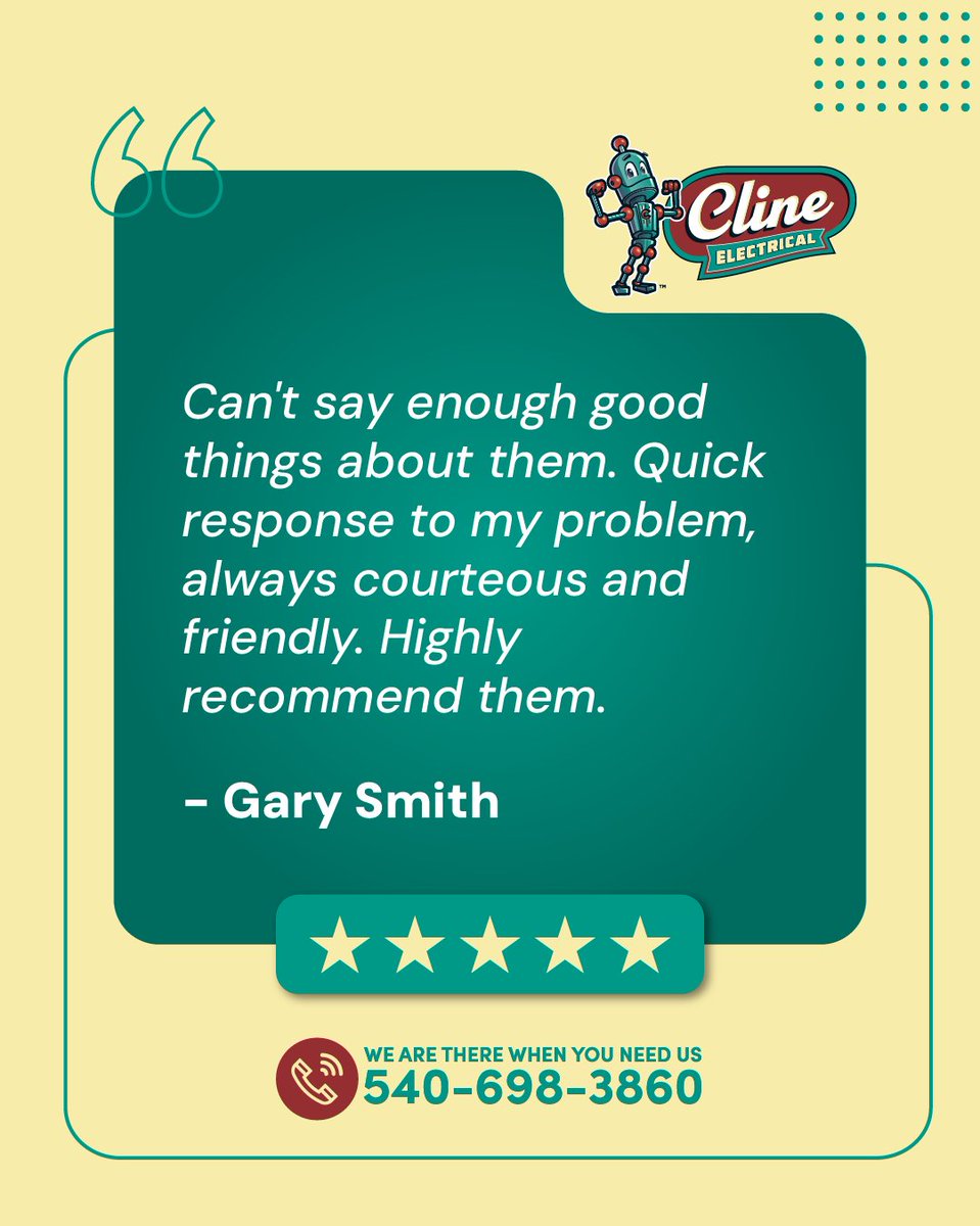 clineelectrical's tweet photo. Thank you, Gary, for your wonderful feedback and for trusting Cline Electrical! We truly appreciate your support and are glad we could provide you with reliable, professional service. We look forward to serving you again whenever you need us.⚡
#ClineElectrical #RoanokeVA #5Stars https://t.co/IrtvMtTDeL