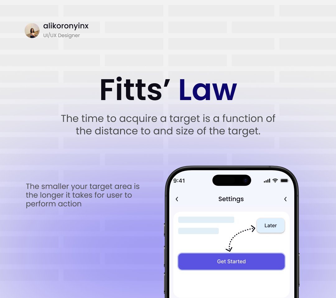 alikoronyinx's tweet photo. The smaller your target, the longer it takes to hit it. That's Fitts's Law.

This is why "Get Started" is a big full-width button and "Later" is a tiny text link. #uxdesign #figma #uiuxdesigner https://t.co/M56n7Szz67
