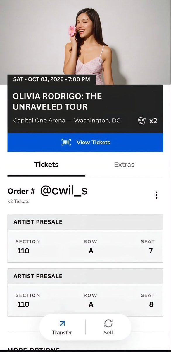 cwil_s's tweet photo. I’m selling two tickets of Olivia for October 03 at capital one arena Washington DC going for $300 each. Please reply or dm only if you are interested in purchasing them 

#oliviarodrigo https://t.co/eius3N3YDf
