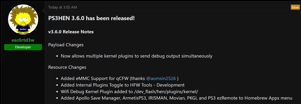 aldostools's tweet photo. ⭐️PS3HEN 3.6.0 has been released!!

🔹Added eMMC Support for qCFW (Thanks @chattrapat_s )
🔹Added internal Plugins Toggle to HFW Tools - Development
🔹Added Wifi Debug Kernel Plugin 
🔹Added more apps to Homebrew Apps menu

🌐https://t.co/polmZxZsVK
📥https://t.co/T9nK8ul0RT https://t.co/qe2LNczUBh