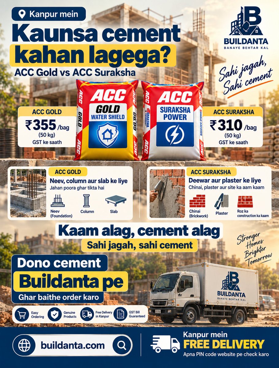 Buildanta's tweet photo. Neev mein kaunsa cement, deewar mein kaunsa? 🧱

ACC Gold ₹355/bag → neev, column, slab
ACC Suraksha ₹310/bag → deewar, plaster

Kaam alag, cement alag.
GST ke saath, 50 kg bag.

#Kanpur #Buildanta https://t.co/DE1hWNXSmr