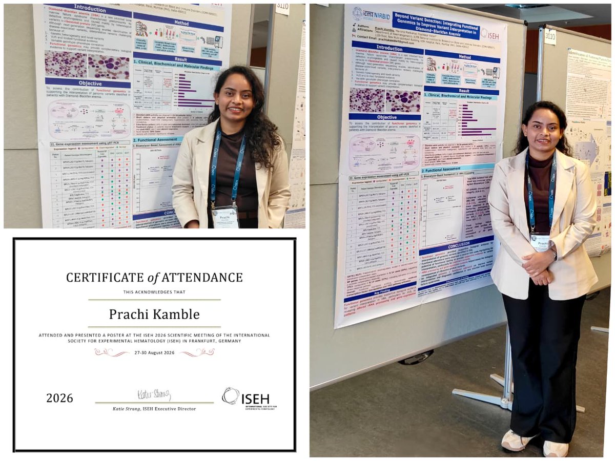 icmrnirbid's tweet photo. Our PhD Scholar &amp; DBT-JRF Fellow, Ms. Prachi Kamble presented her research on Diamond-Blackfan Anaemia at #ISEH2026 in Frankfurt, highlighting functional genomics in genetic variant interpretation.

She was supported by an ANRF ITS Grant.

#ICMR #Genomics #Hematology #ANRF https://t.co/33MuzEQuoJ