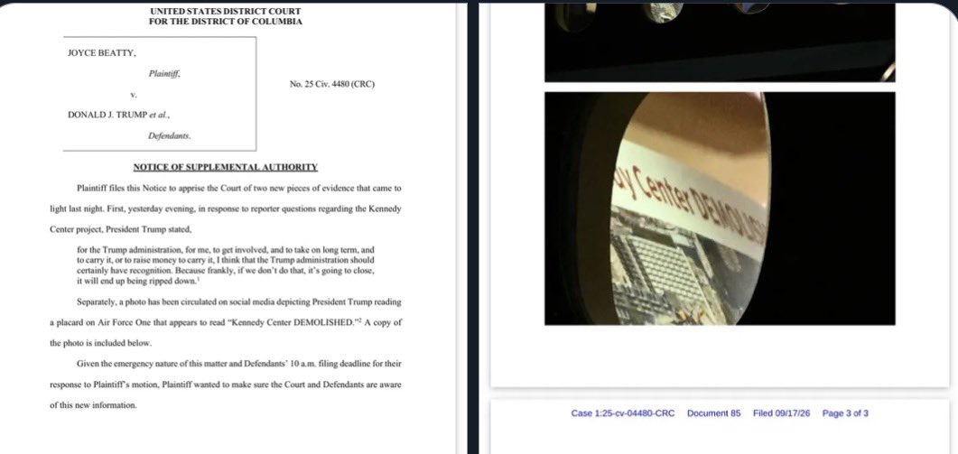 MacFarlaneNews's tweet photo. Attorneys for Rep Joyce Beatty (D-OH) alert the judge that Team Trump appears to be considering demolishing Kennedy Center 

New filing this morning ====> https://t.co/HfC8HTFqH1
