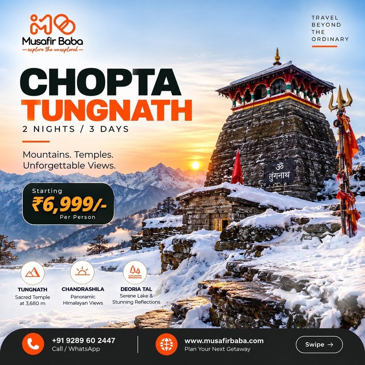 itsmusafirbaba's tweet photo. ποΈ ChoptaβTungnath | 2N/3D
Explore Choptaβs meadows, Tungnath Temple, Chandrashila views & serene Deoria Tal on an unforgettable Himalayan escape.
π° From βΉ6,999/person*
π +91 9289602447
π https://t.co/WkDB4xca2E
#MusafirBaba #Chopta #Tungnath #Chandrashila #Uttarakhand https://t.co/sKHRbdILQ1