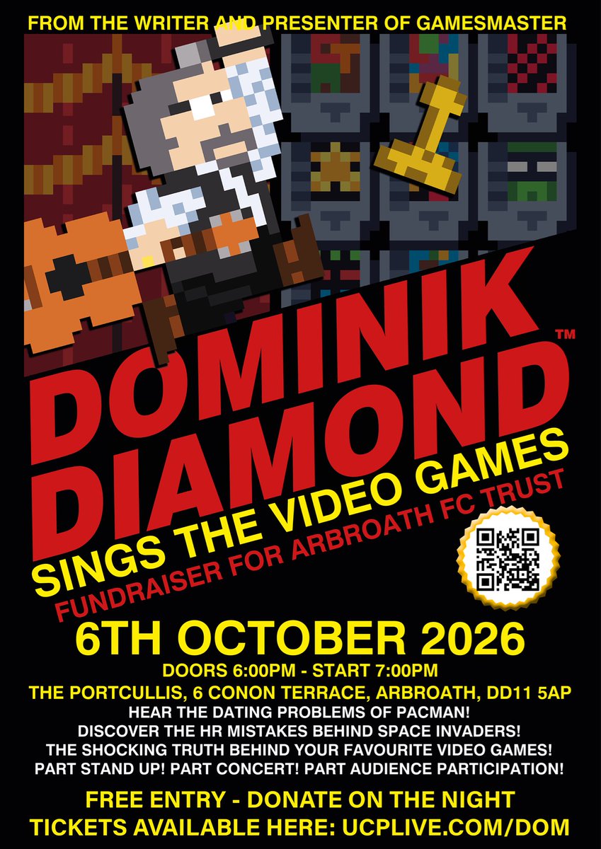 DominikDiamond's tweet photo. Last night of the tour is a Homecoming Special!

Doing this as a fundraiser for the @ArbroathFCTrust so tickets are FREE (use the QR code) but I’ll be asking for a PAY WHAT YOU CAN donation that night.

The Trust do such great work for the town - let’s help them do even more! https://t.co/dfRSPxT1Jn