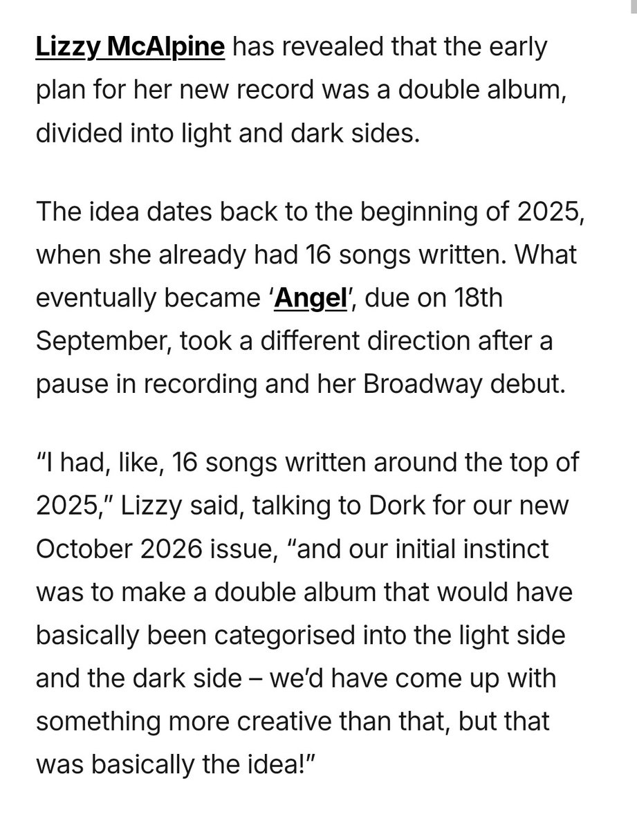 LizzymUpdates's tweet photo. Lizzy McAlpine originally planned a double album split into light and dark sides.

(read more: https://t.co/WH8wAsfpM1) https://t.co/Fucd0ELQIm