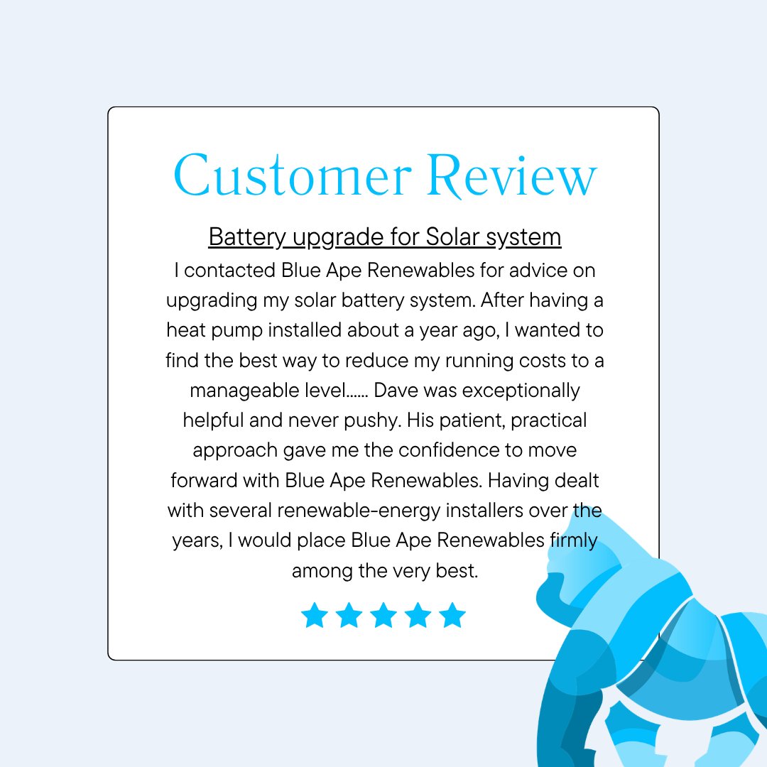 BlueApeLtd's tweet photo. Great feedback for Dave and the team.

The customer came to us for advice on upgrading their solar battery system and reducing their running costs.

Clear advice, practical options and no pressure.

Thanks for choosing Blue Ape Renewables.

#BatteryStorage #CustomerReview https://t.co/QxXfYB12E4