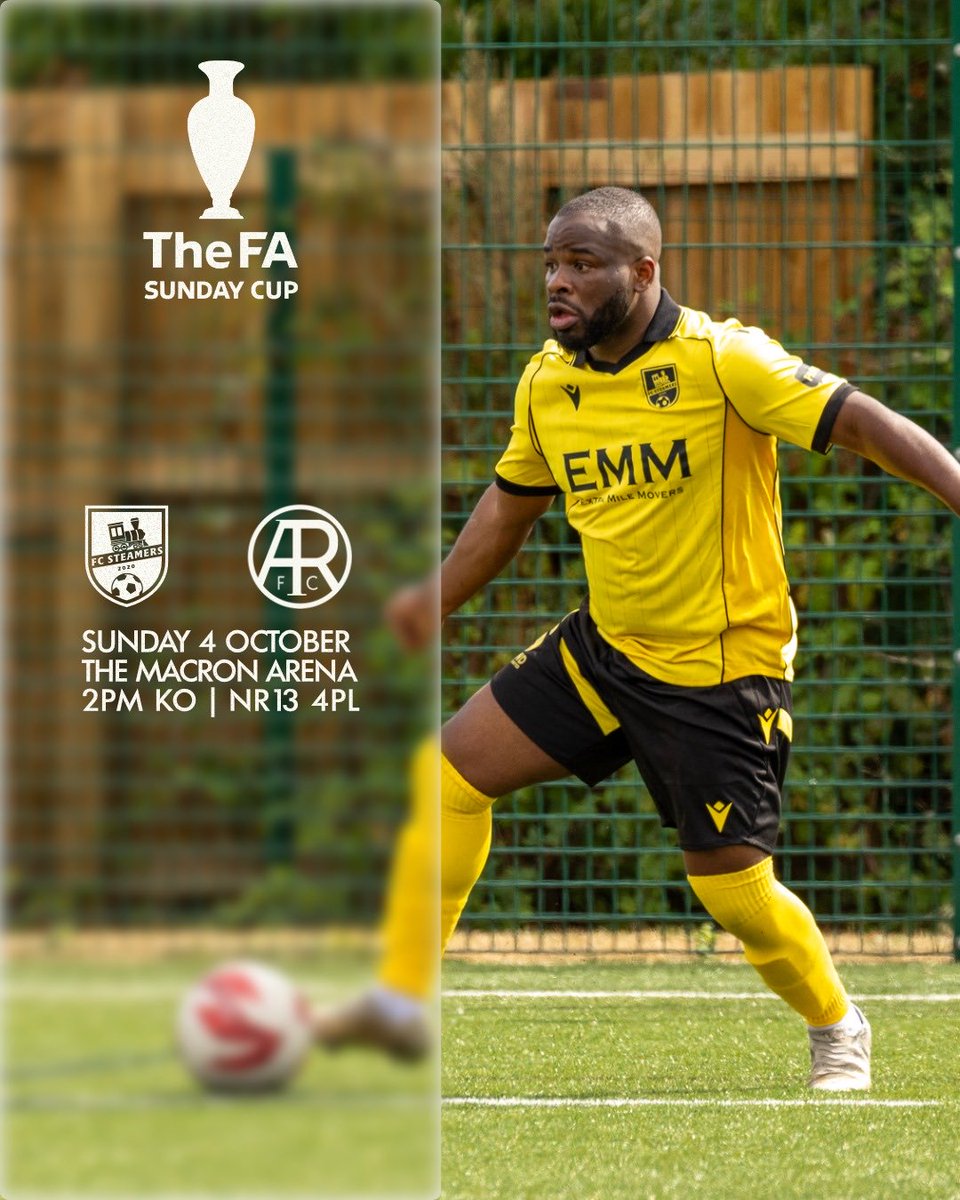 FCSteamers's tweet photo. ๐
๐ ๐๐๐๐๐๐ ๐๐๐
Weโre delighted to announce our FA Sunday Cup vs @AcleRangersFC will take place at The Macron Arena, home of our friends @NorwichUnitedFC.
2pm KO.
Tickets ๐ ๐๏ธ https://t.co/PVimI0TAJ4โฆ
#Steamers ๐ https://t.co/58B8XBEM6j