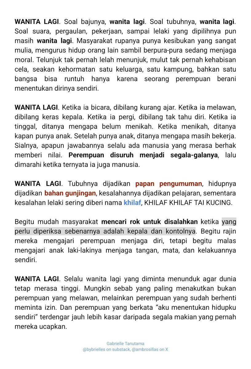 ambrosillas's tweet photo. 💭 gaby on substack.
begitu mudah masyarakat mencari rok untuk disalahkan ketika yang perlu diperiksa sebenarnya adalah kepala dan kontolnya.

tw // profanities https://t.co/V3CeEaoGkl