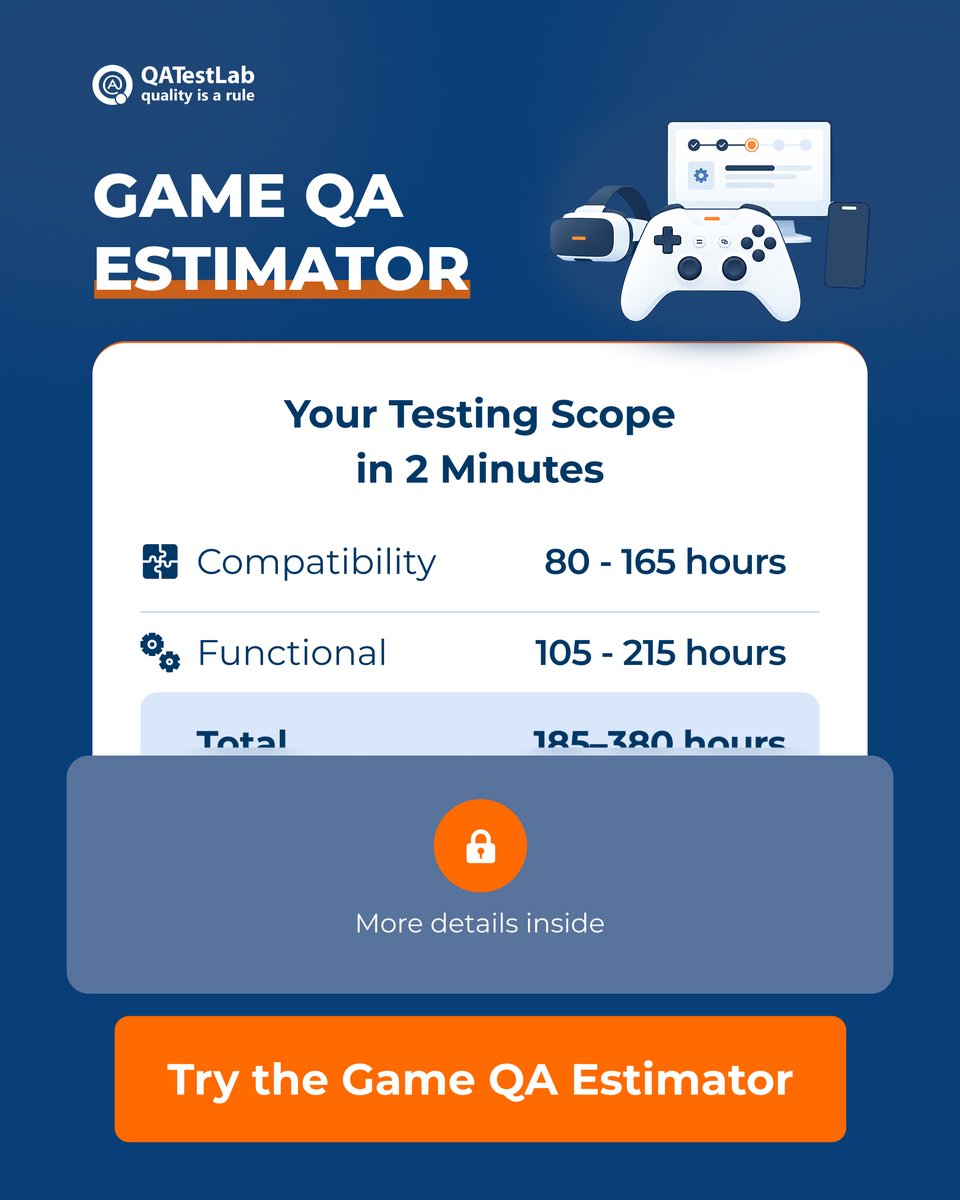 QATestLab's tweet photo. Get a custom QA scope for your game in 2 minutes 🎮

Answer 8 quick questions to get:
⏱ Min–max QA hours
🔍 Key effort drivers
🔄 Coverage scenarios
📅 Release-window fit

Get your scope before sharing contact details.

👉 Try the Game QA Estimator: https://t.co/hPOdYHixBH https://t.co/RU2qv8zkPb