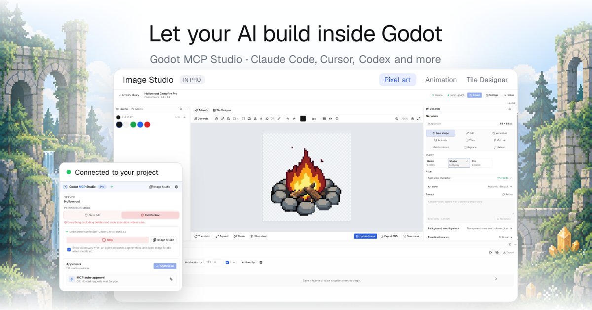 S0ultel's tweet photo. Your AI coding agent, inside the Godot editor.

Claude Code, Cursor and Codex can edit scenes, write scripts, run your game and fix errors. Image Studio adds pixel art and animations.

Try Lite free on Windows and macOS.
