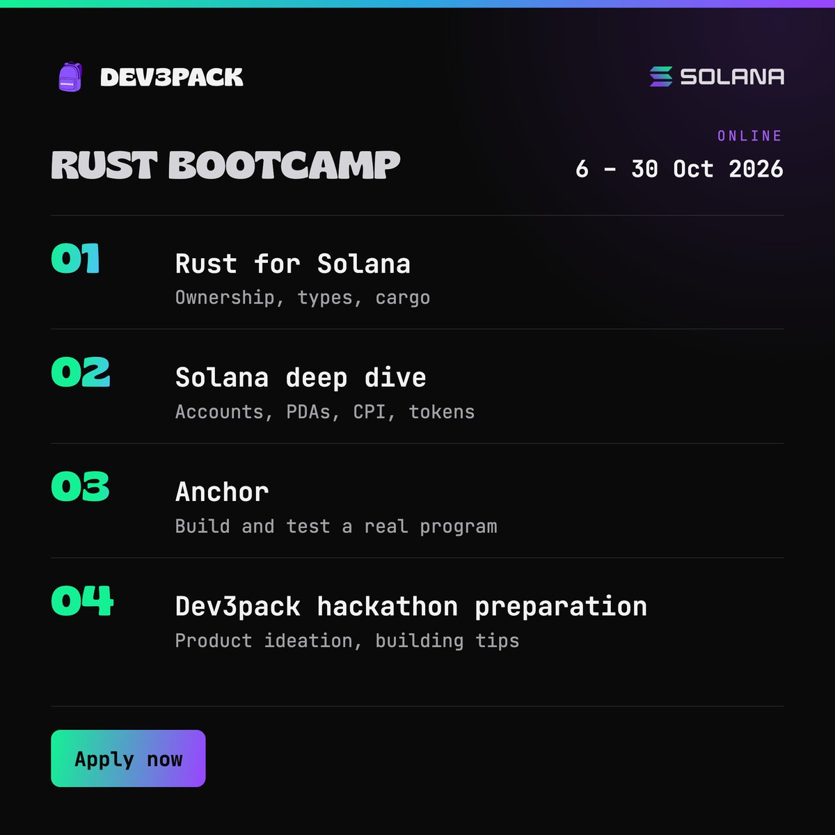 dev3pack's tweet photo. The Solana Rust Bootcamp is here 🦀

From 6-30 Oct, join us for an online bootcamp to learn Rust, build on Solana &amp; get ready for the largest Solana university hackathon.

The bootcamp is available in English 🇬🇧 and Spanish 🇪🇸

Apply now 👇
https://t.co/H61a9vVo0d https://t.co/AOMKY3YxMA